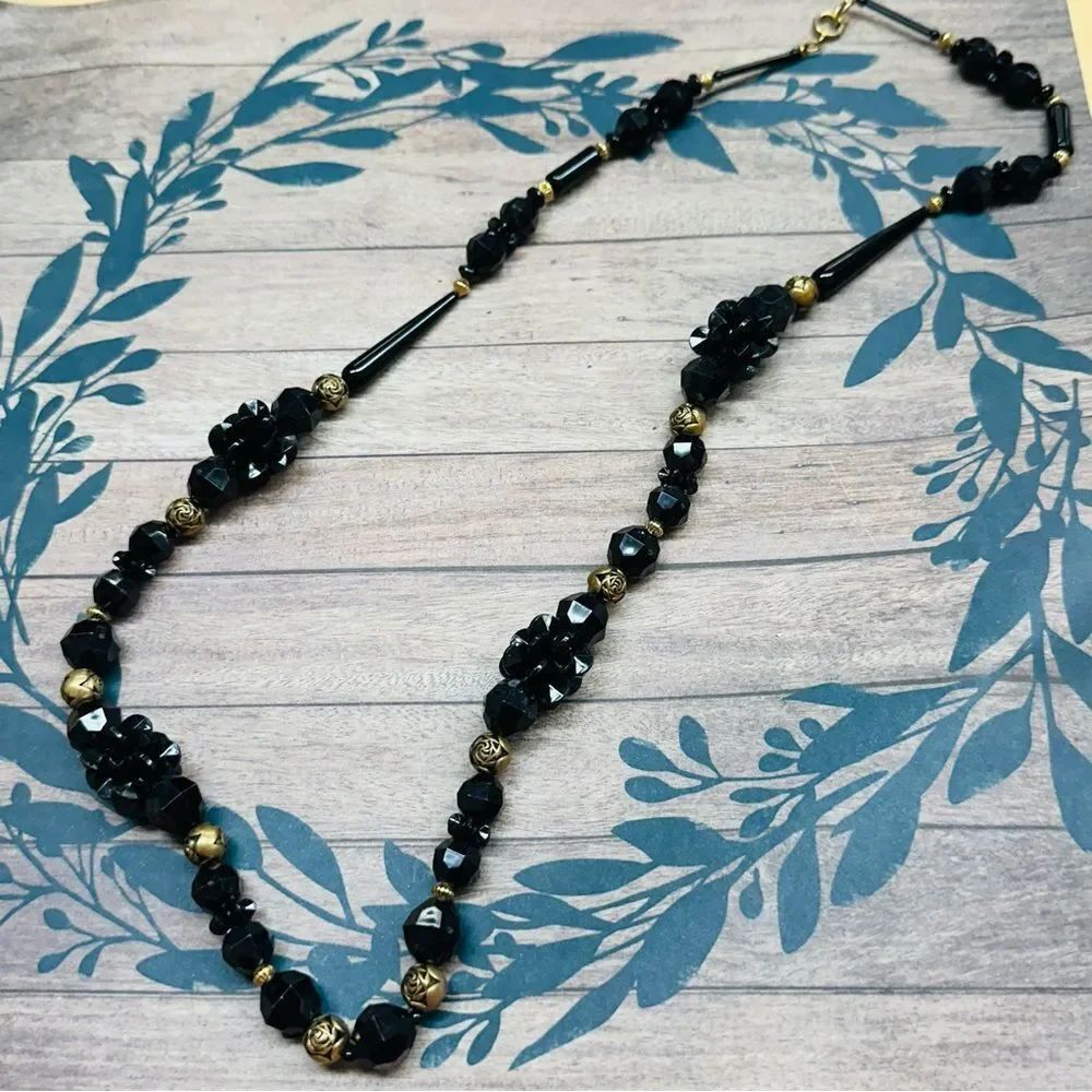 Vintage Black AcrylicโGoldโ Bead Necklace 26 In B3